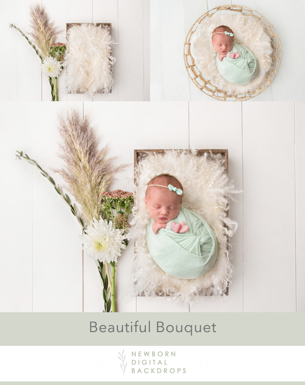 Beautiful bouquet spriing florals newborn digital backdrop. The backrops is in the upper left, the newborn baby in a basket is upper right, and the two images are blended together for a beautiful newborn photograph on the bottom